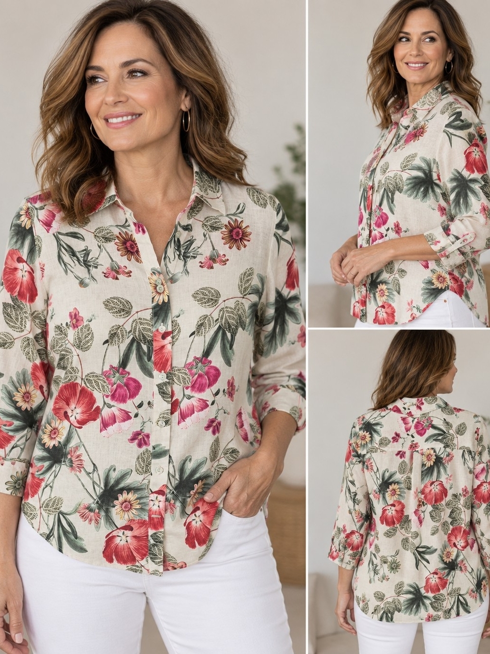 Chico's 100% Linen Floral Button Front Blouse Shirt Size 0.5 / US 6
